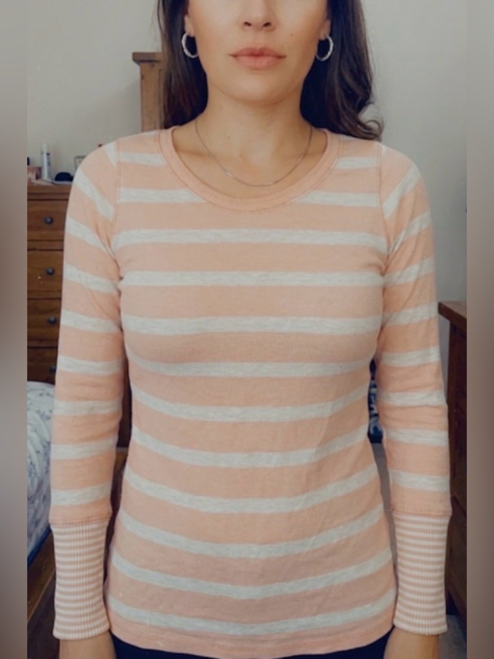 Poof Excellence Peach and White Striped Long Sleeve Tee